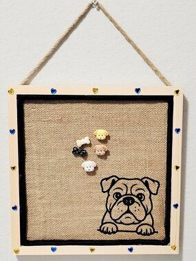 CUTE English Bulldog Heart Framed 12x12 Burlap Cork Board Decor Gift FREE Pins